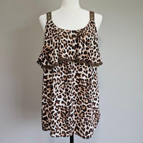 Suzanne Betro Tank Top Size L Leopard Print Y2K Sleeveless Ruffle Festival Boho - Picture 1 of 9
